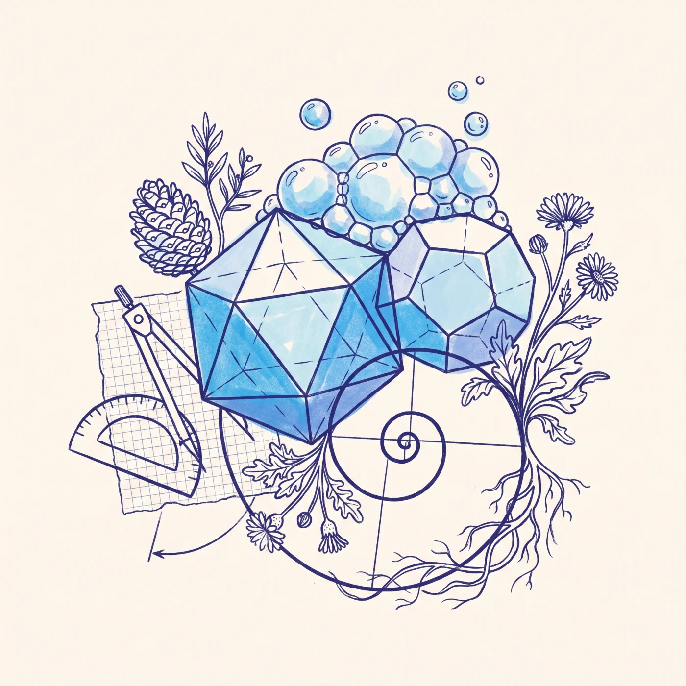 Hand-drawn illustration of geometric solids intertwined with wildflowers, roots, a pinecone, and a golden spiral