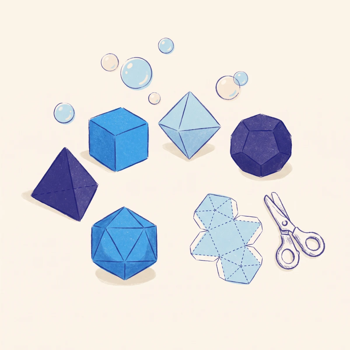 Illustration of five folded paper Platonic solids beside an unfolded paper net and scissors